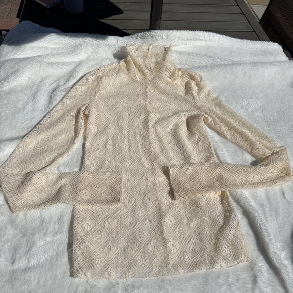 Free People Sweater S Ivory Sheer Lace Mock Neck Long Sleeve Boho Layering Top - Picture 1 of 10